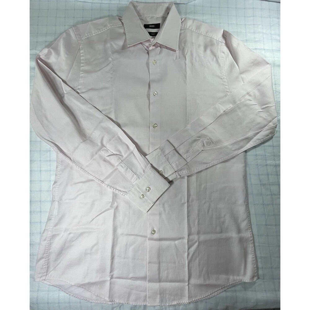 HUGO BOSS Slim Fit Dress Shirt Men’s 16 41 Pink Textured Long Sleeve Jango